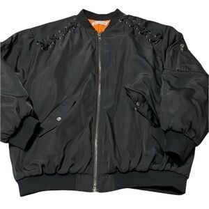 Article size M black with orange lining zip front bomber jacket EUC